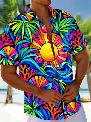 Adaychic Men's Hawaiian Sun Waves Coral Geometry Print Short Sleeve Shirt with Chest Pocket