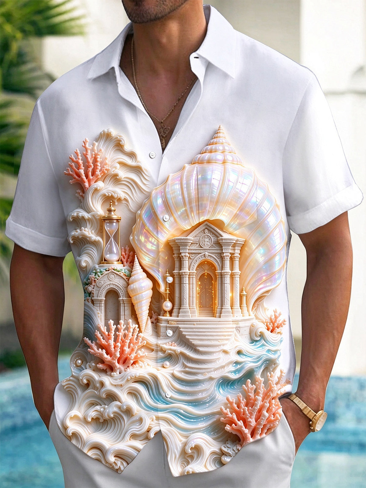 Adaychic Men's 3D Relief Seashell Undersea Temple Print Short Sleeve Shirt with Chest Pocket