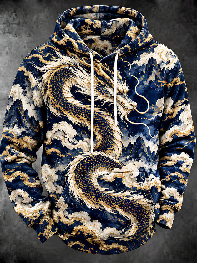 Adaychic Men's Graphic Chinese Dragon And Clouds Print Long Sleeve Hoodie