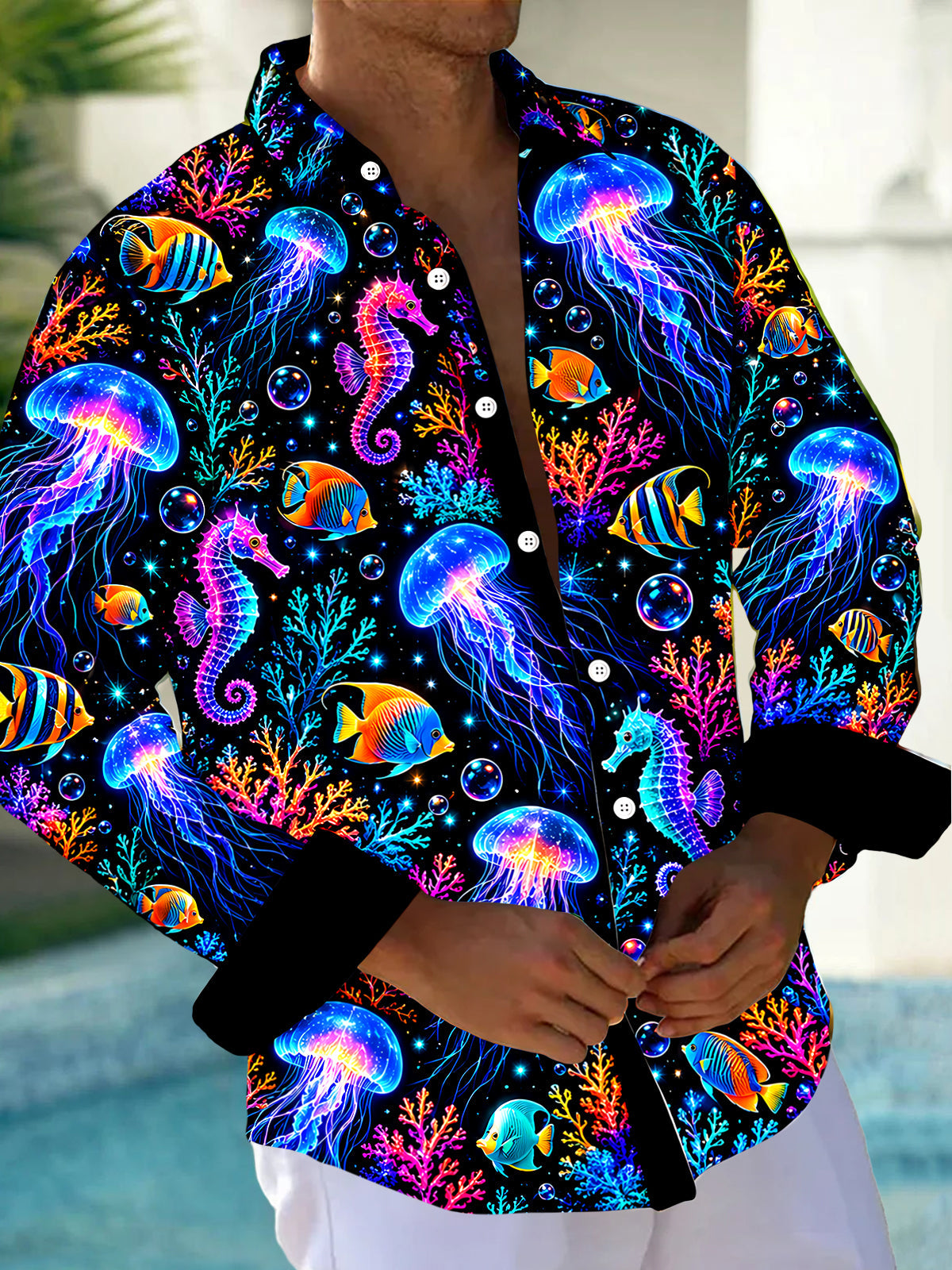 Adaychic Men's Graphic Neon Jellyfish And Seahorse Print Long Sleeve Shirt with Chest Pocket