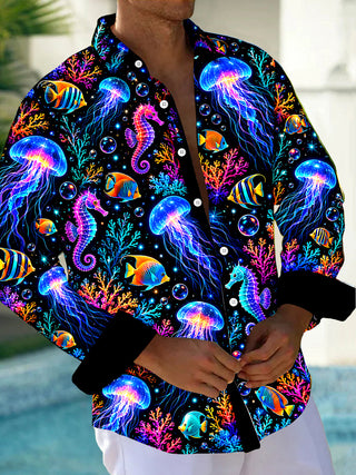 Adaychic Men's Graphic Neon Jellyfish And Seahorse Print Long Sleeve Shirt with Chest Pocket