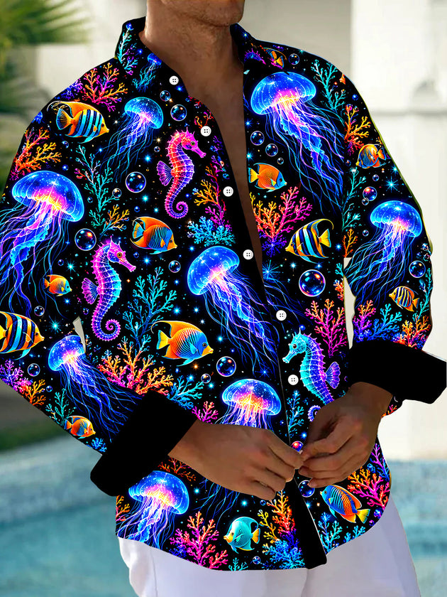 Adaychic Men's Graphic Neon Jellyfish And Seahorse Print Long Sleeve Shirt with Chest Pocket