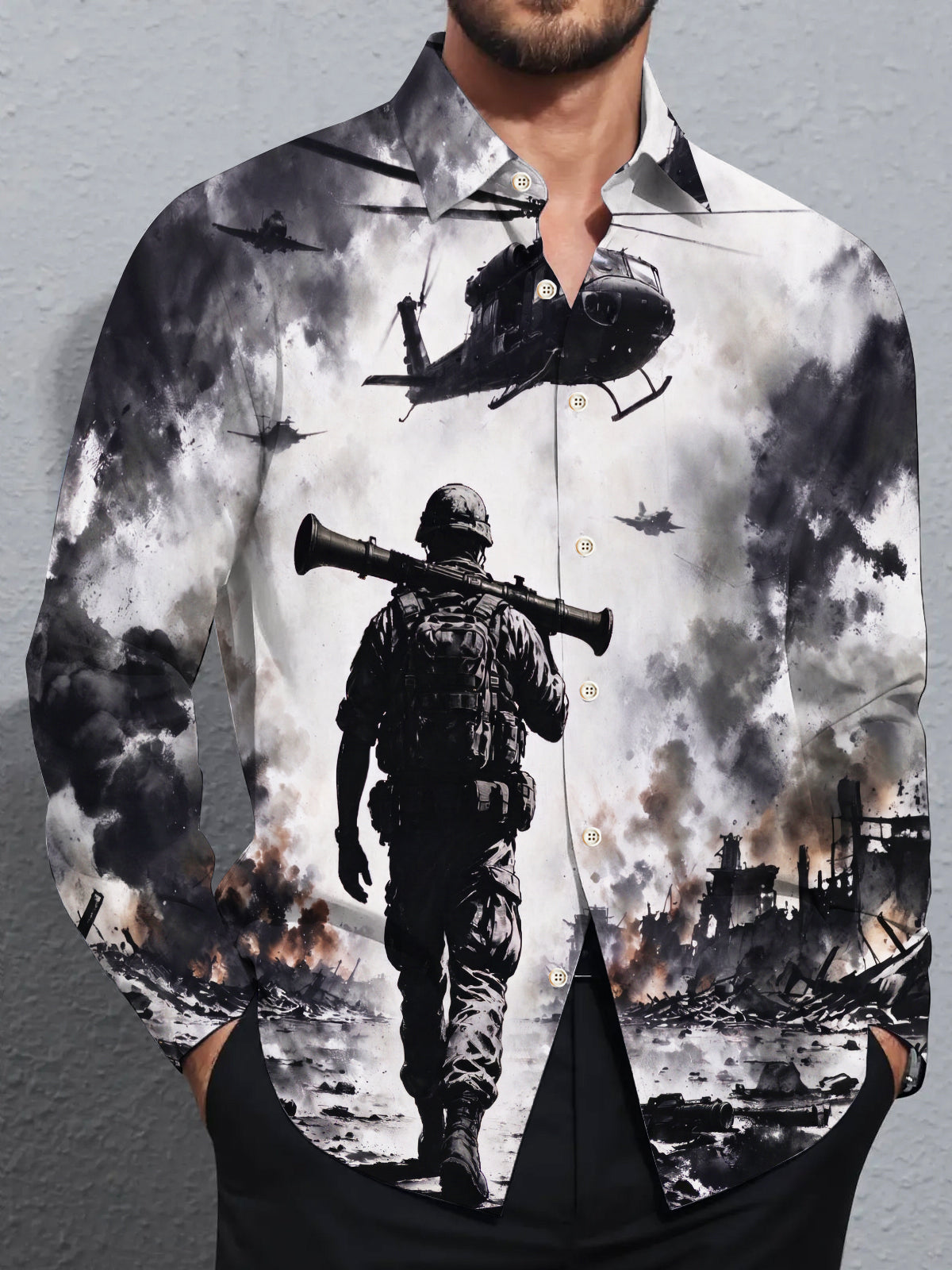 Adaychic Men's Long Sleeve Shirt - Soldier With Rocket Launcher And Helicopters In Warzone Print with Chest Pocket
