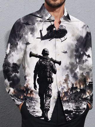 Adaychic Men's Long Sleeve Shirt - Soldier With Rocket Launcher And Helicopters In Warzone Print with Chest Pocket