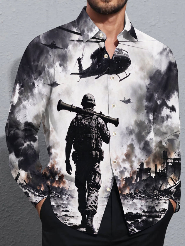 Adaychic Men's Long Sleeve Shirt - Soldier With Rocket Launcher And Helicopters In Warzone Print with Chest Pocket