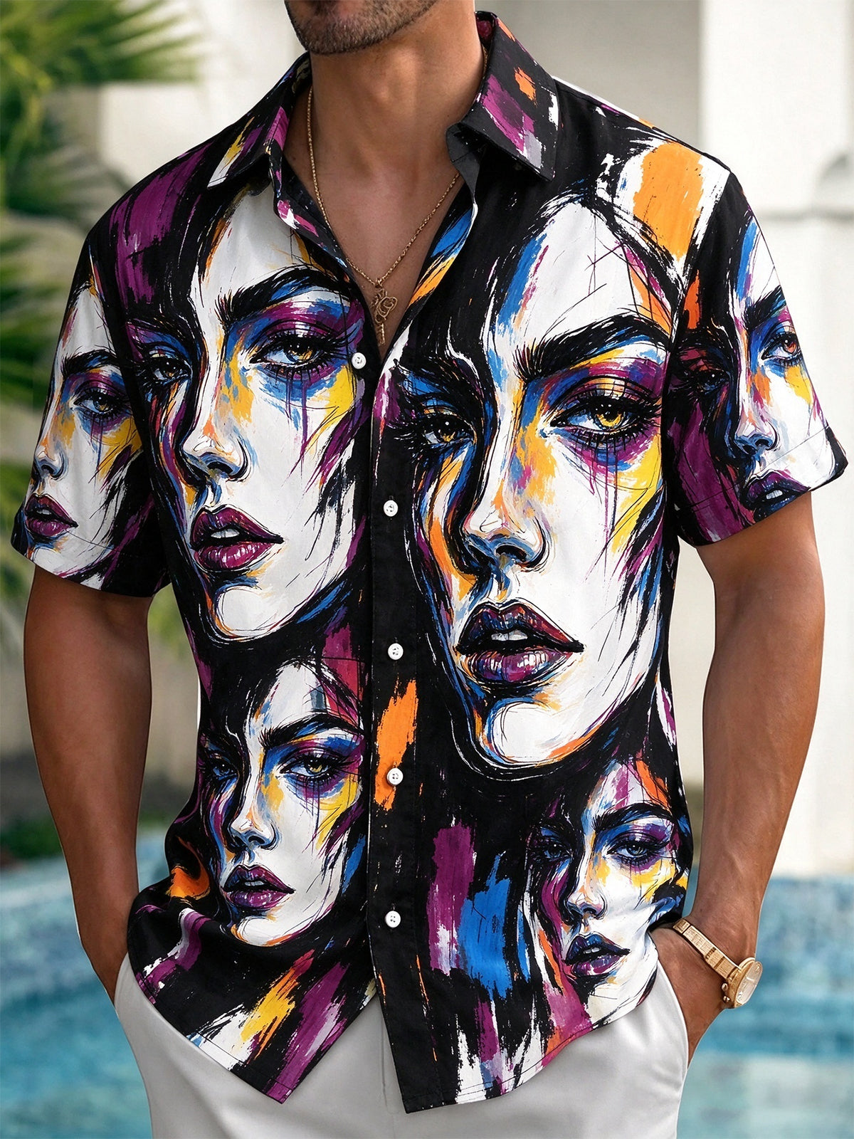 Adaychic Men's Graphic Abstract Woman Faces Print Short Sleeve Shirt with Chest Pocket