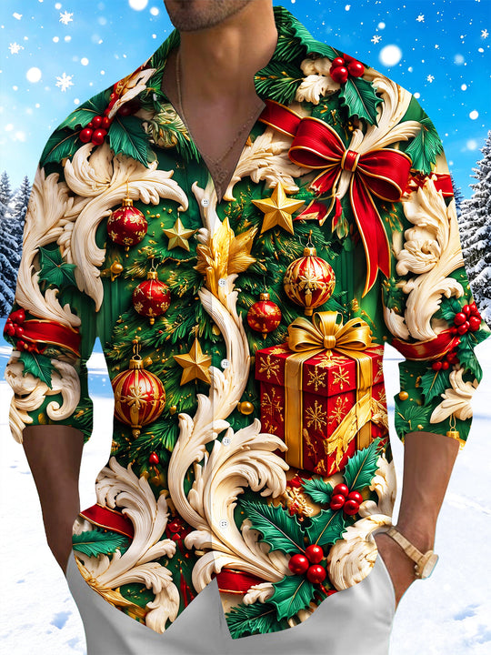 Adaychic Men's Long Sleeve Shirt - Christmas Ornaments Gifts And Baroque Scrollwork Print with Chest Pocket
