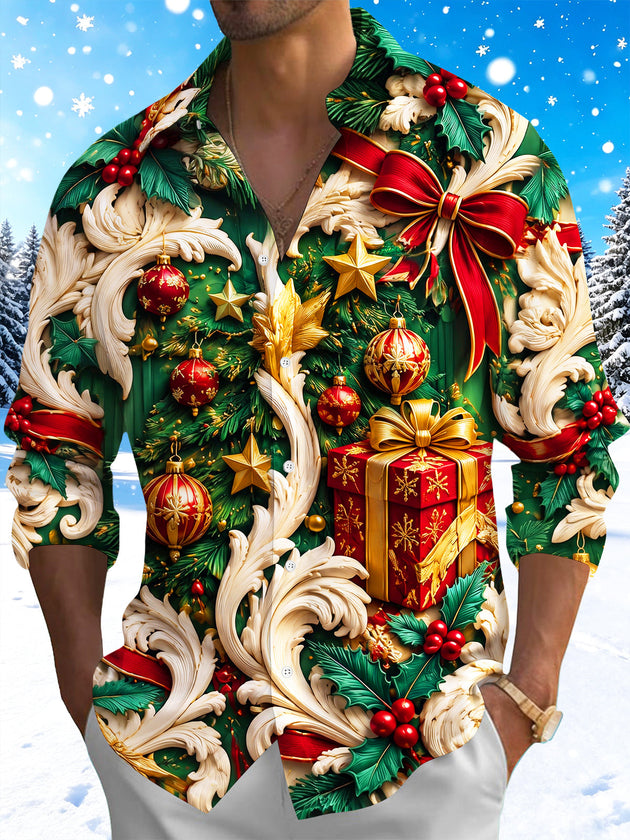 Adaychic Men's Long Sleeve Shirt - Christmas Ornaments Gifts And Baroque Scrollwork Print with Chest Pocket
