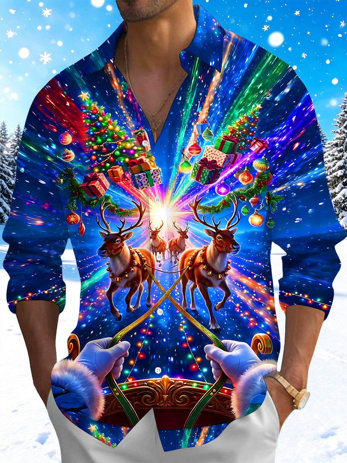 Adaychic Men's Santa Sleigh And Reindeer Print Long Sleeve Shirt with Chest Pocket
