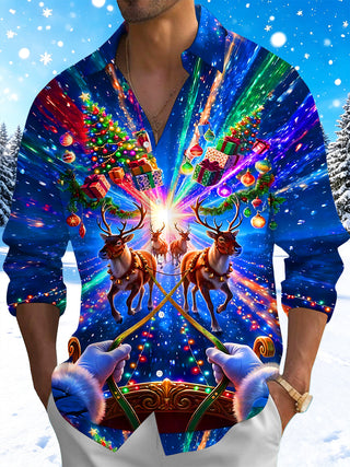 Adaychic Men's Santa Sleigh And Reindeer Print Long Sleeve Shirt with Chest Pocket
