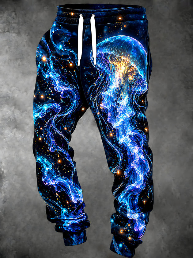 Adaychic Men's Graphic Glowing Blue Jellyfish In Space Print Pants