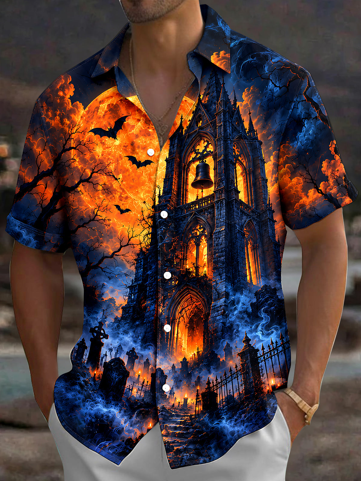 Adaychic Men's Halloween Gothic Castle And Bats Print Short Sleeve Shirt with Chest Pocket
