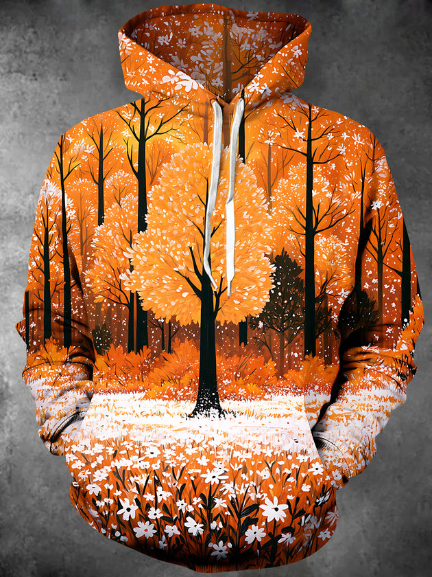 Adaychic Men's Autumn Forest Trees And White Flowers Print Long Sleeve Hoodie