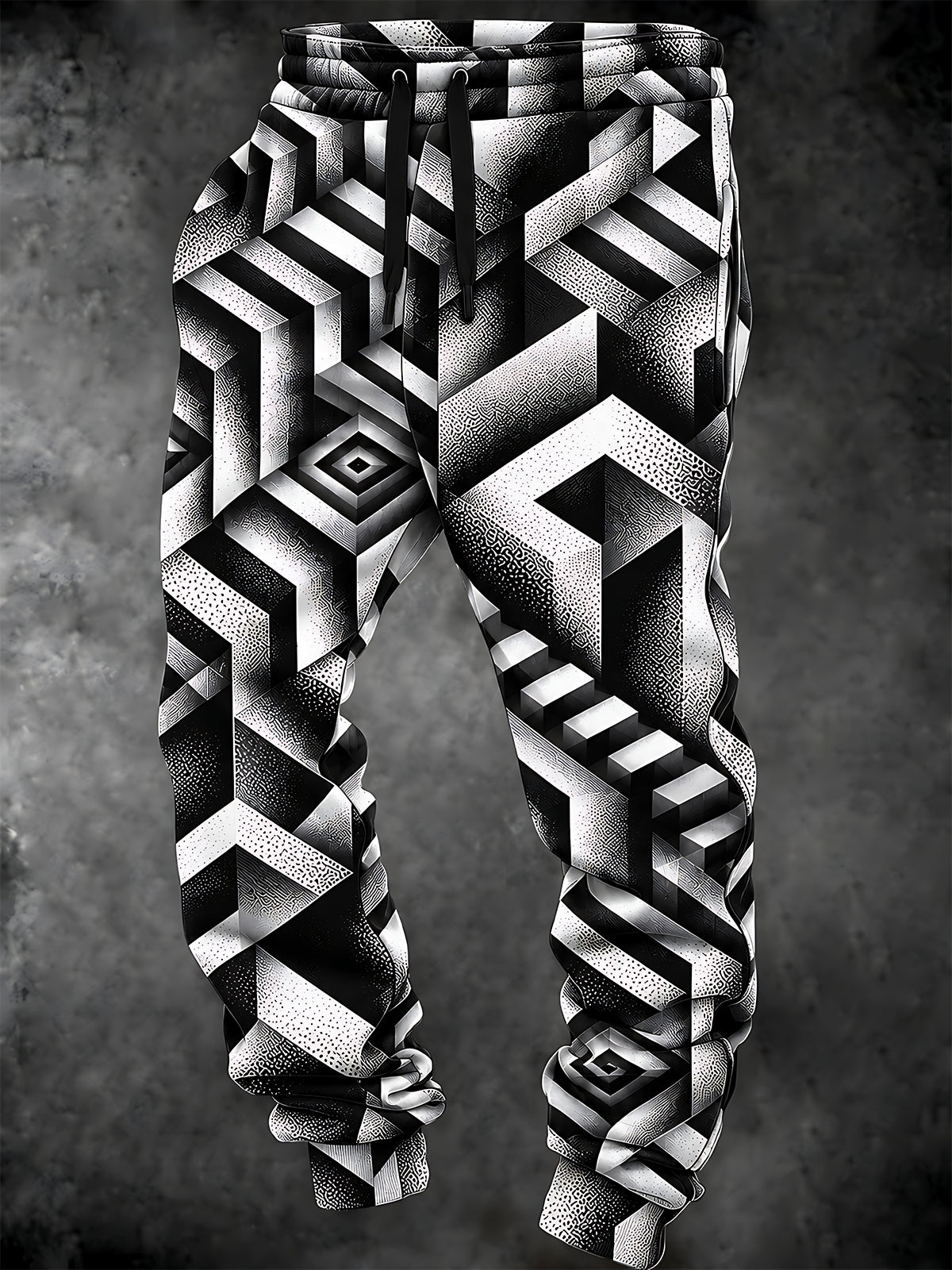 Adaychic Men's Drawstring Elastic-Waist Sweatpants - Geometric 3D Blocks And Optical Illusions Print with Side Pockets