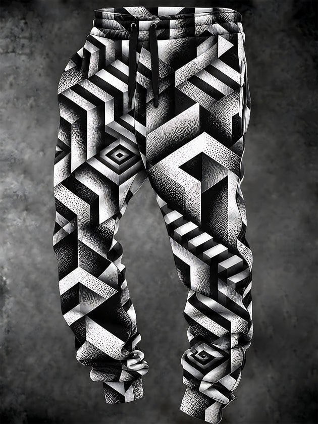 Adaychic Men's Drawstring Elastic-Waist Sweatpants - Geometric 3D Blocks And Optical Illusions Print with Side Pockets
