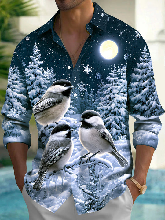 Adaychic Men's Winter Birds And Snowy Pine Trees Print Long Sleeve Shirt with Chest Pocket
