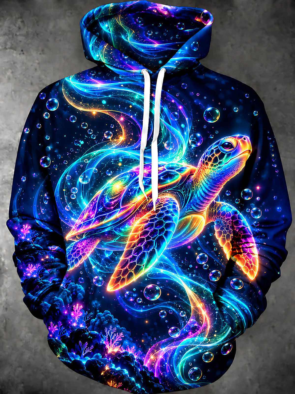 Adaychic Men's Graphic Neon Sea Turtle And Bubbles Print Long Sleeve Hoodie