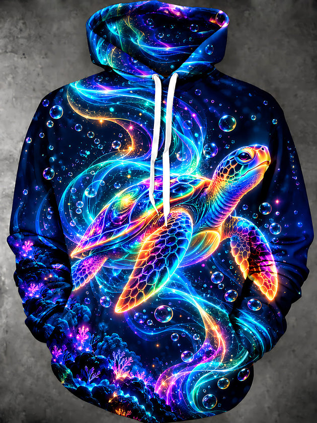 Adaychic Men's Graphic Neon Sea Turtle And Bubbles Print Long Sleeve Hoodie