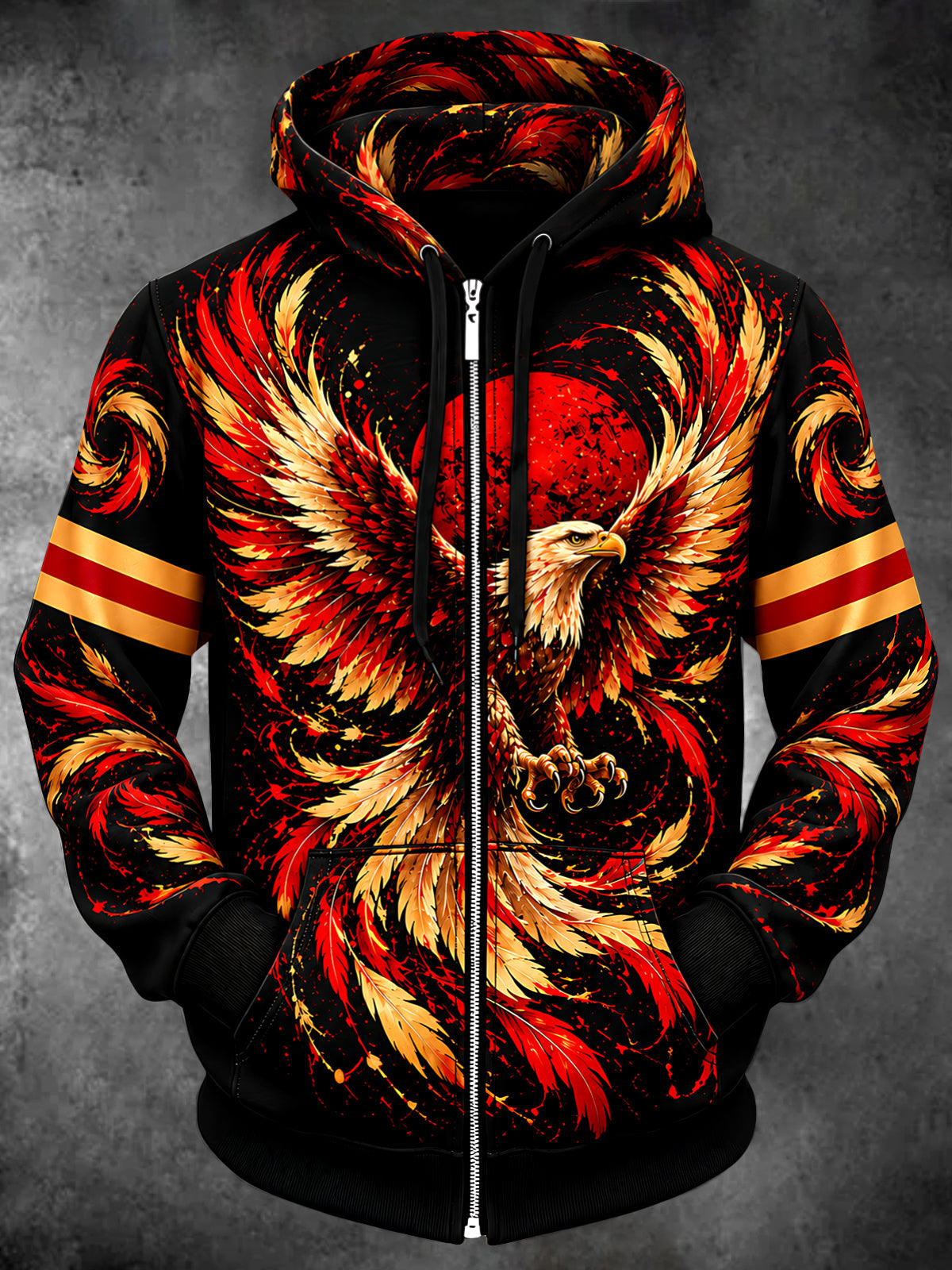 Adaychic Men's Flaming Eagle With Feathers Print Long Sleeve Zip-Up Hoodie
