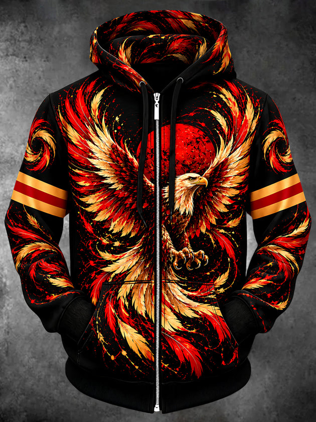 Adaychic Men's Flaming Eagle With Feathers Print Long Sleeve Zip-Up Hoodie
