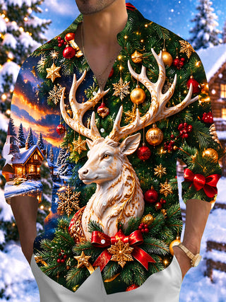 Adaychic Men's Long Sleeve Shirt - Golden White Deer And Christmas Ornaments Print with Chest Pocket