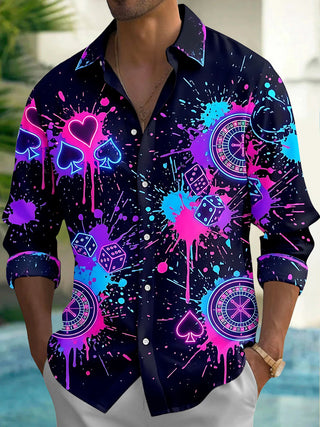 Adaychic Men's Neon Casino Elements With Splash Ink Print Long Sleeve Shirt with Chest Pocket
