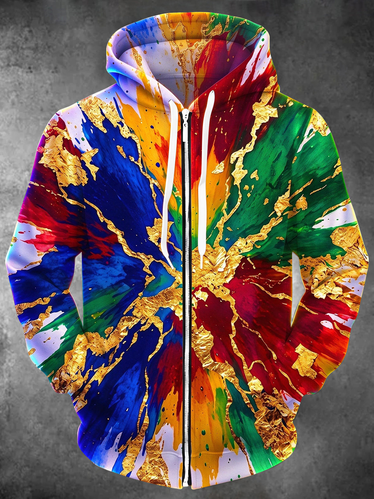 Adaychic Men's Long Sleeve Zip-Up Hoodie - Colorful Splash Abstract Art With Gold Foil Print