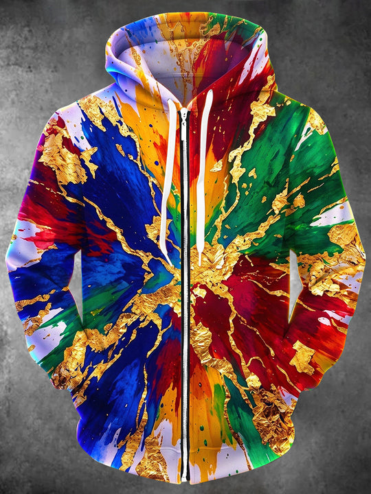 Adaychic Men's Long Sleeve Zip-Up Hoodie - Colorful Splash Abstract Art With Gold Foil Print