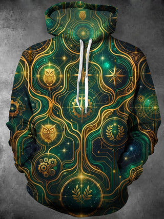 Adaychic Men's Owl And Star Map With Mechanical Gears Print Long Sleeve Hoodie