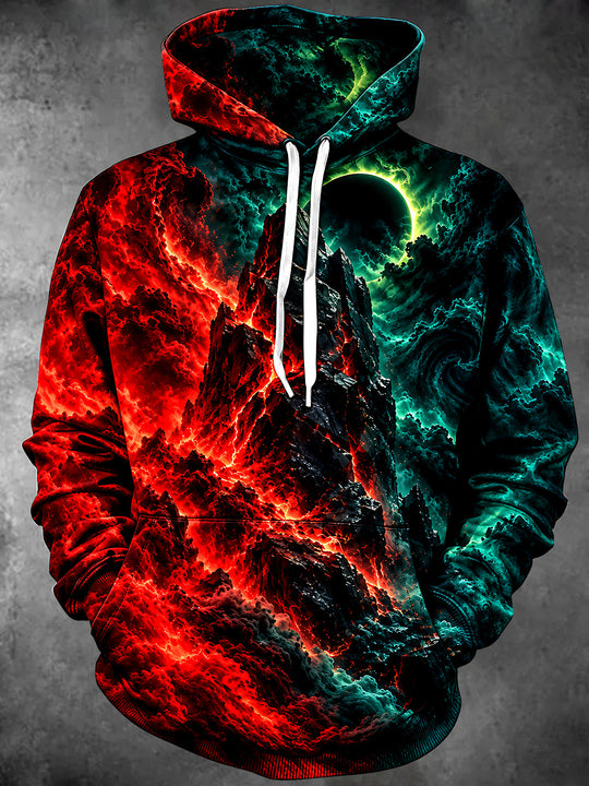 Adaychic Men's Graphic Volcanic Mountain And Eclipse Print Long Sleeve Hoodie
