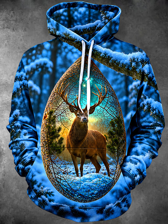 Adaychic Men's Graphic Deer In Snowy Forest Print Long Sleeve Hoodie