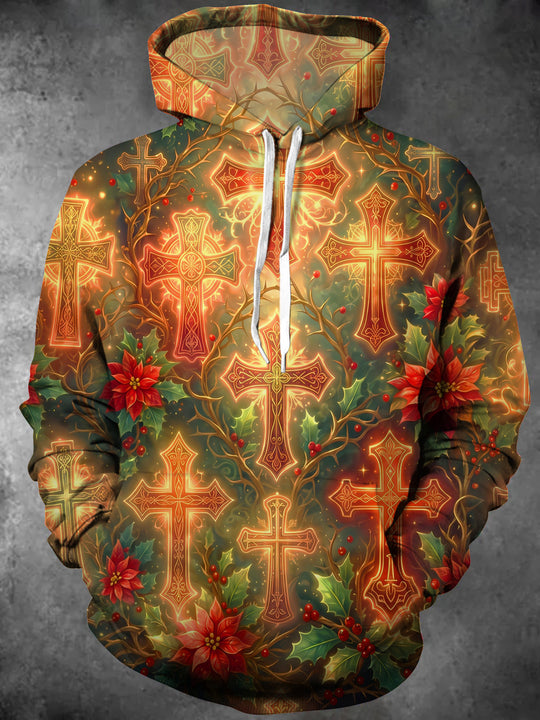Adaychic Men's Long Sleeve Hoodie - Christmas Celtic Crosses And Holly With Poinsettias Print