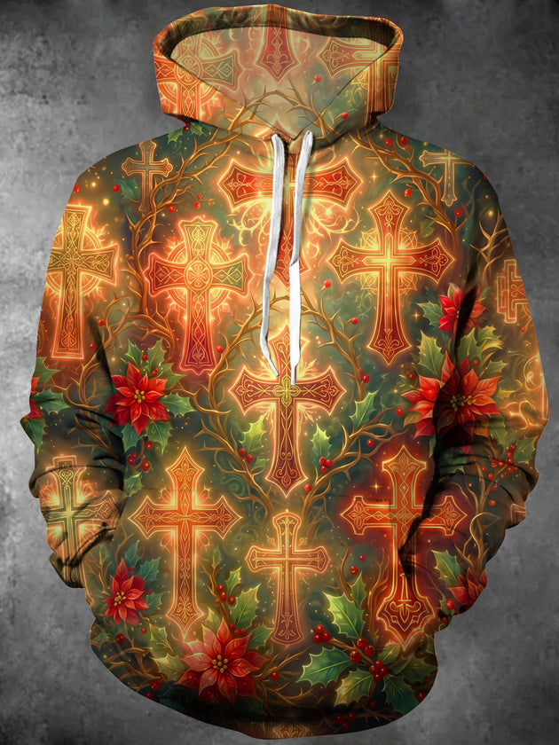 Adaychic Men's Long Sleeve Hoodie - Christmas Celtic Crosses And Holly With Poinsettias Print
