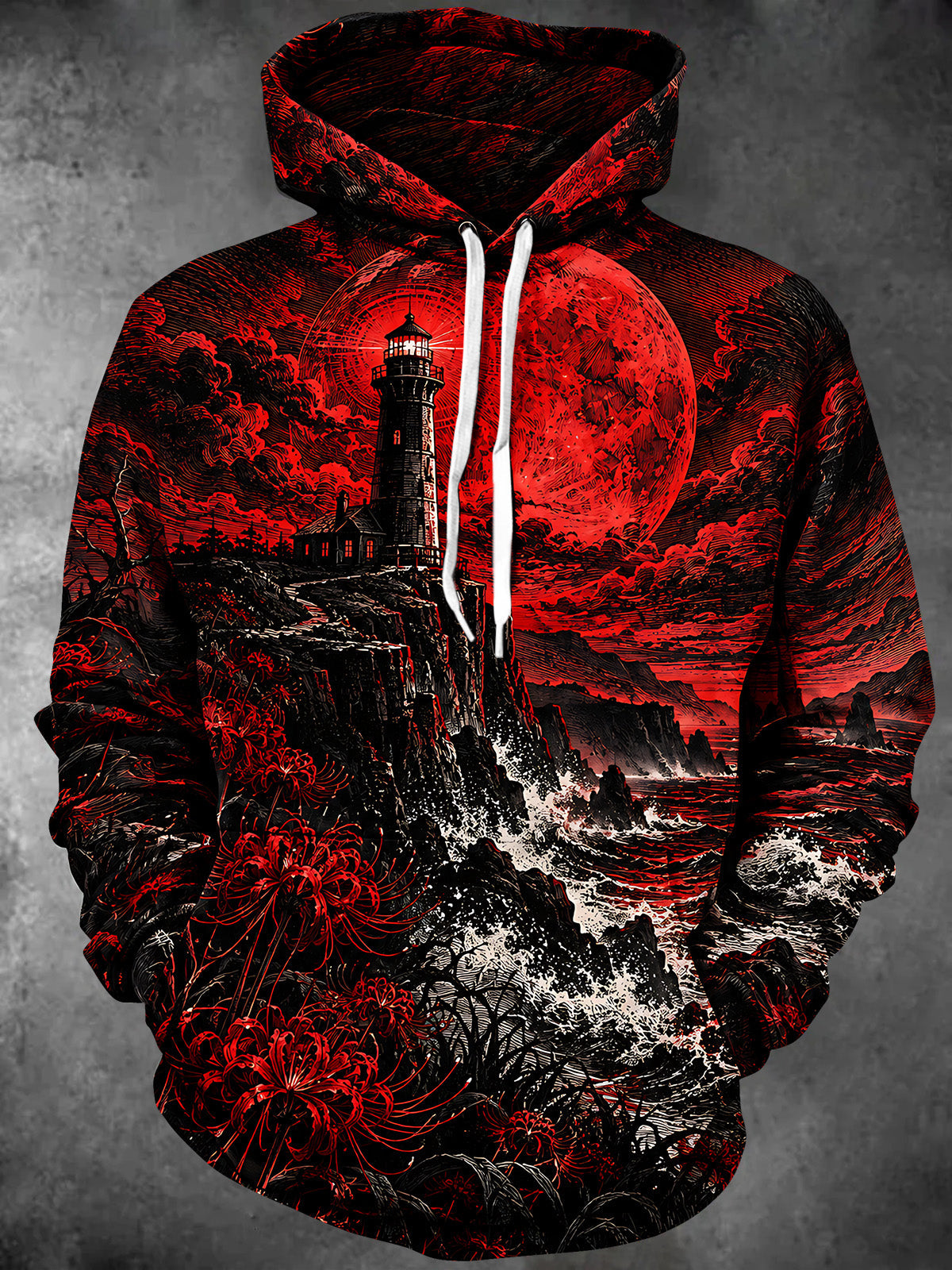 Adaychic Men's Red Moon Lighthouse And Spider Lilies Print Long Sleeve Hoodie