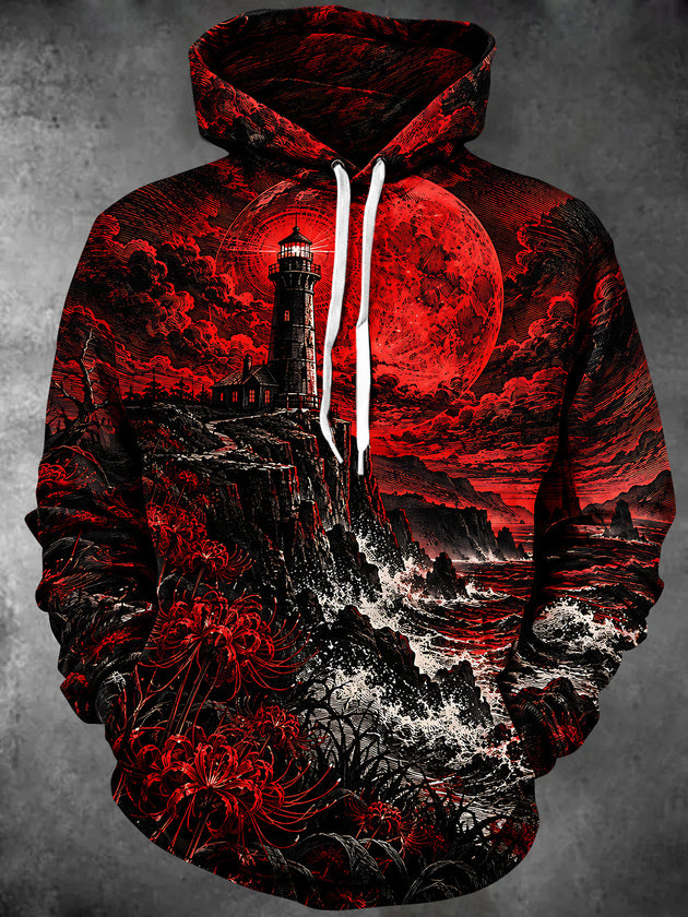 Adaychic Men's Red Moon Lighthouse And Spider Lilies Print Long Sleeve Hoodie