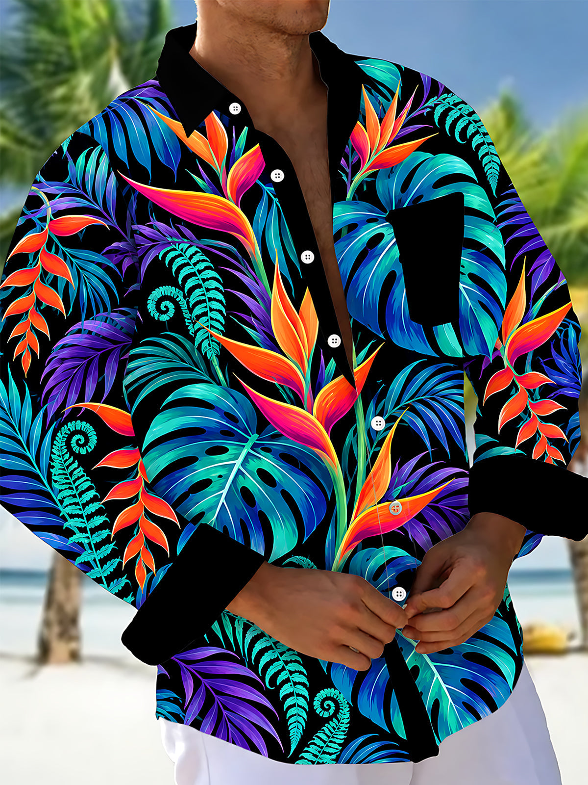 Adaychic Men's Long Sleeve Shirt - Tropical Leaves And Bird Of Paradise Flowers Print with Chest Pocket