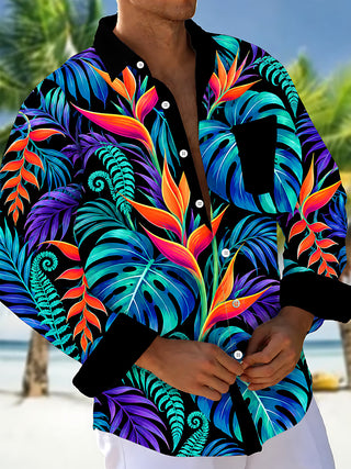 Adaychic Men's Long Sleeve Shirt - Tropical Leaves And Bird Of Paradise Flowers Print with Chest Pocket