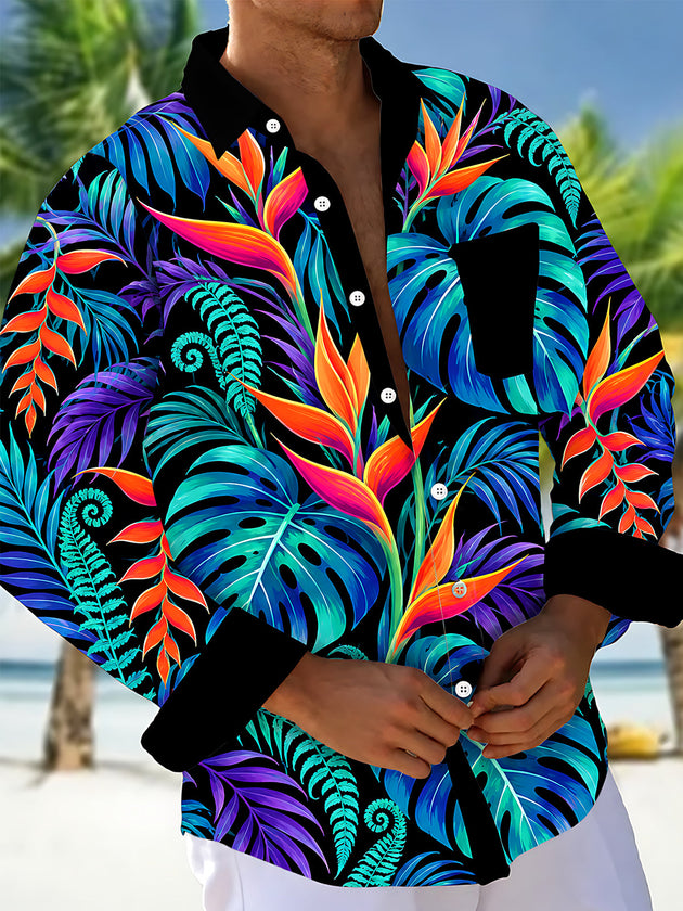 Adaychic Men's Long Sleeve Shirt - Tropical Leaves And Bird Of Paradise Flowers Print with Chest Pocket