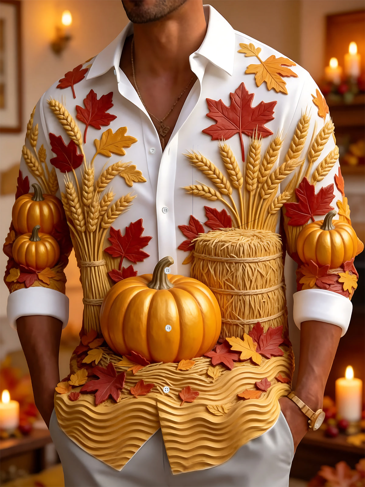 Adaychic Men's Long Sleeve Shirt - Thanksgiving Autumn Harvest Pumpkins And Wheat Sheaves Print with Chest Pocket
