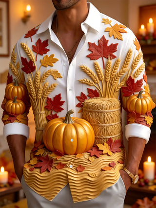 Adaychic Men's Long Sleeve Shirt - Thanksgiving Autumn Harvest Pumpkins And Wheat Sheaves Print with Chest Pocket