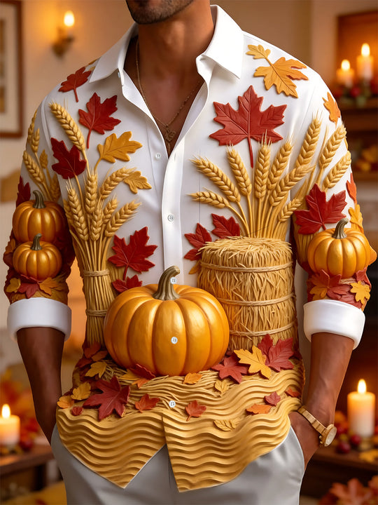 Adaychic Men's Long Sleeve Shirt - Thanksgiving Autumn Harvest Pumpkins And Wheat Sheaves Print with Chest Pocket