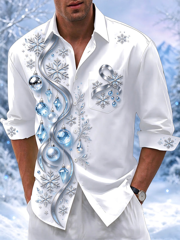Adaychic Men's Christmas Ornaments And Snowflakes Print Long Sleeve Shirt with Chest Pocket