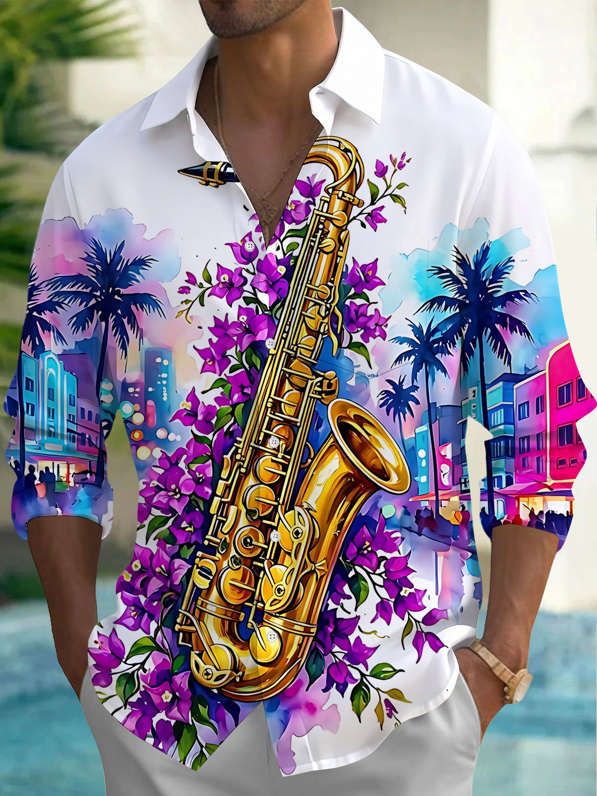 Adaychic Men's Hawaiian Saxophone And Purple Flowers Print Long Sleeve Shirt with Chest Pocket