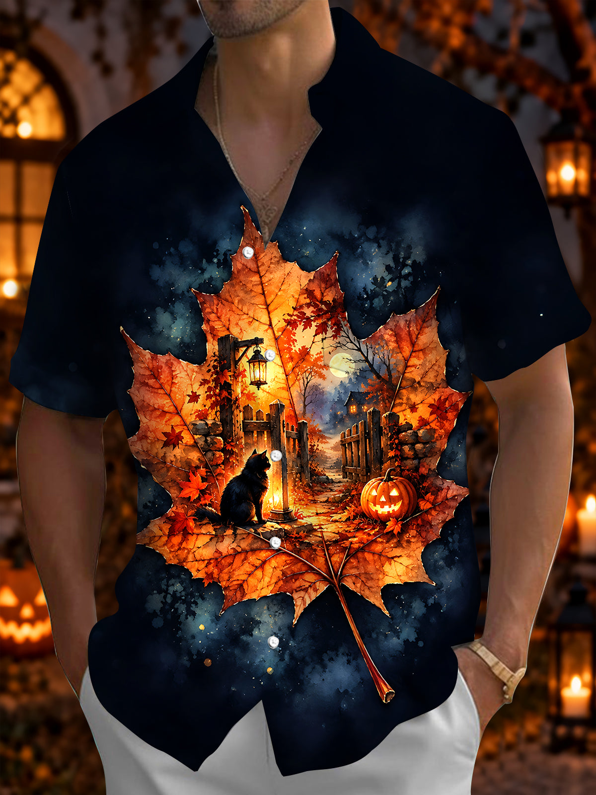 Adaychic Men's Short Sleeve Shirt - Halloween Black Cat And Jack-o-lantern Pumpkin Print with Chest Pocket