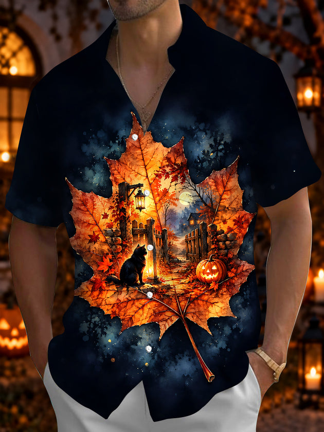 Adaychic Men's Short Sleeve Shirt - Halloween Black Cat And Jack-o-lantern Pumpkin Print with Chest Pocket