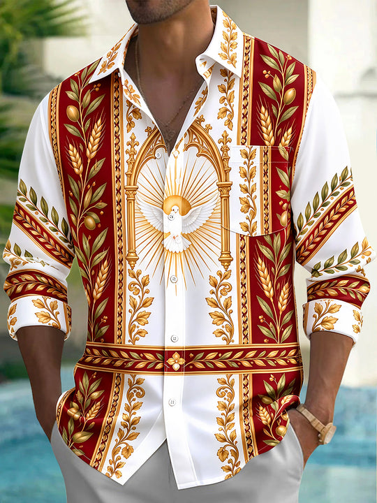 Adaychic Men's Printed White Dove With Golden Rays Print Long Sleeve Shirt with Chest Pocket