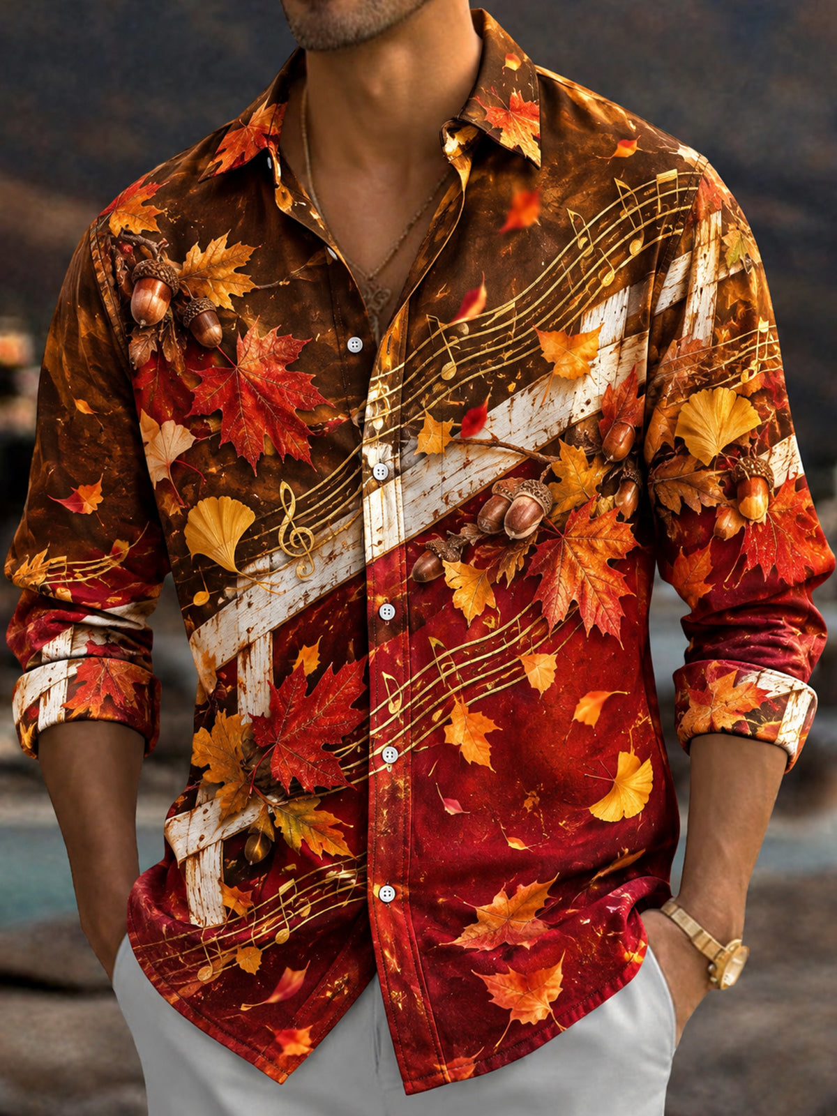 Adaychic Men's Printed Autumn Maple Leaves And Acorns Print Long Sleeve Shirt with Chest Pocket