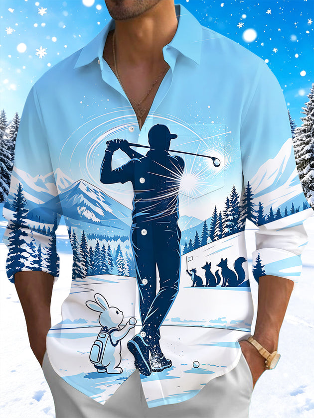 Adaychic Men's Long Sleeve Shirt - Golf Player Silhouette And Winter Animals Print with Chest Pocket