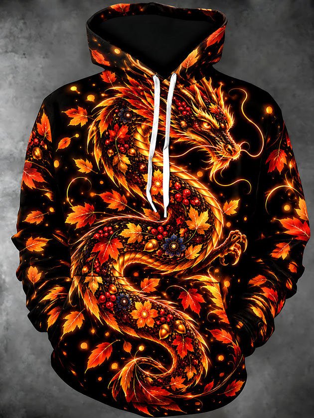 Adaychic Men's Long Sleeve Hoodie - Autumn Dragon With Maple Leaves And Berries Print