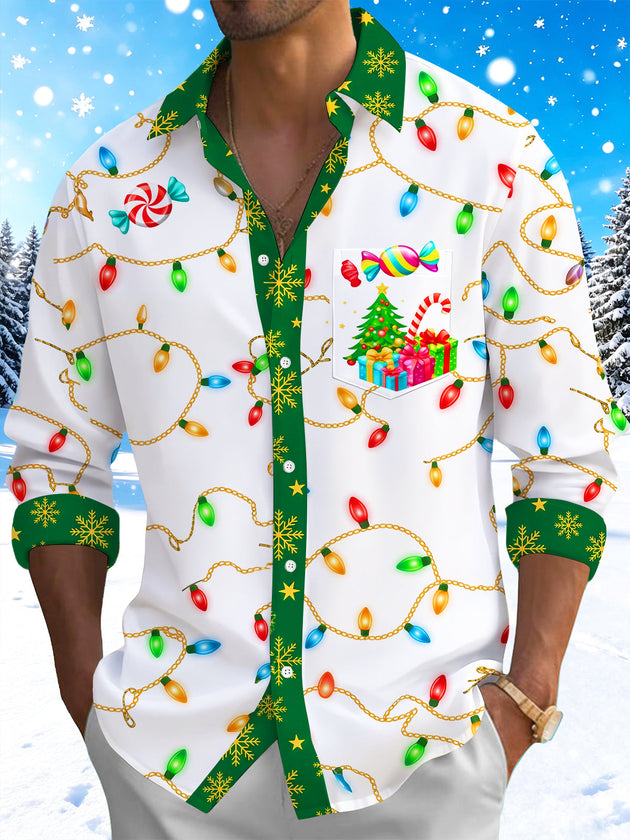 Adaychic Men's Printed Christmas Tree And Gifts Print Long Sleeve Shirt with Chest Pocket